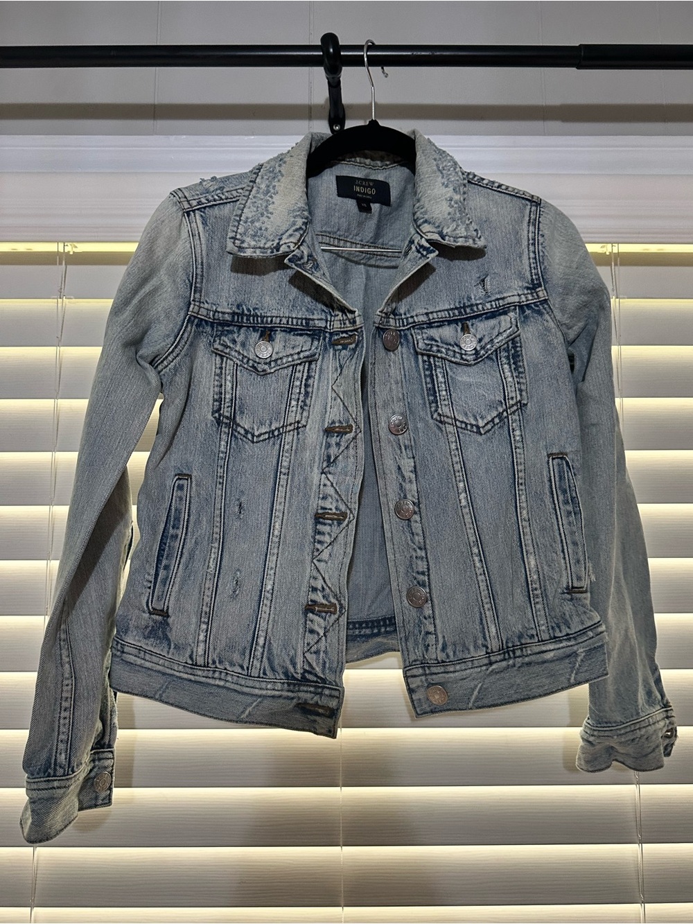 J.Crew Indigo Light Wash Distressed Denim Jacket XS Classic Trucker Jean Jacket